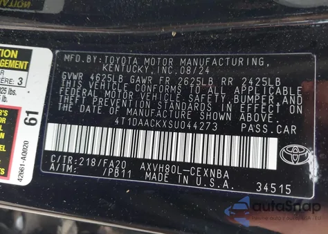 2025 Toyota Camry Le from USA, damaged, VIN 4T1DAACKXSU044273